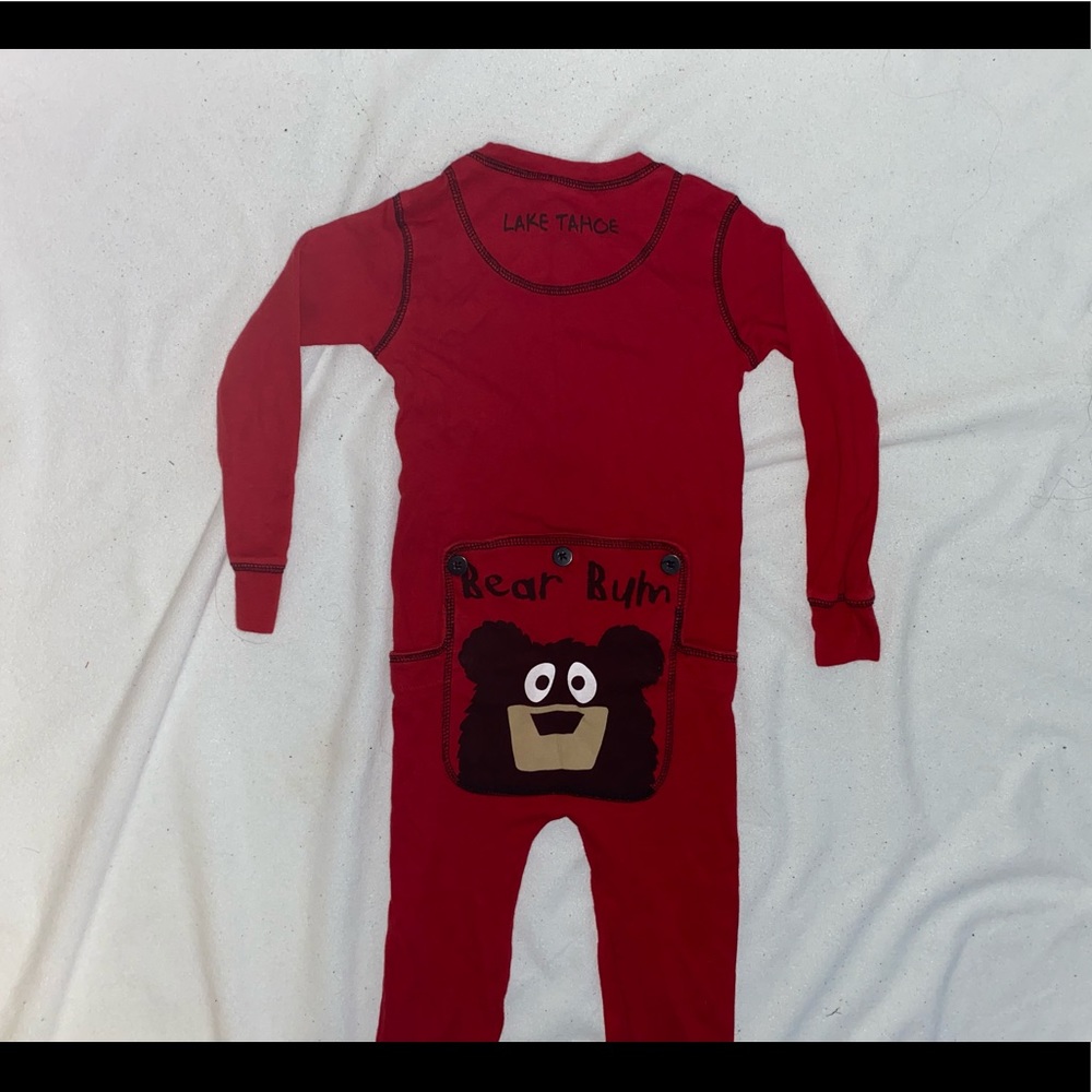 Red Lake Tahoe onesie with open butt. Size: 4t